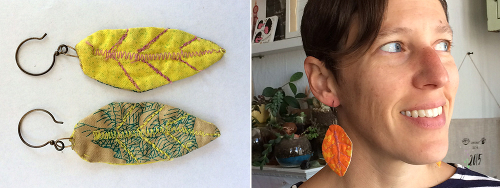Closeups of sewn leaf earrings
