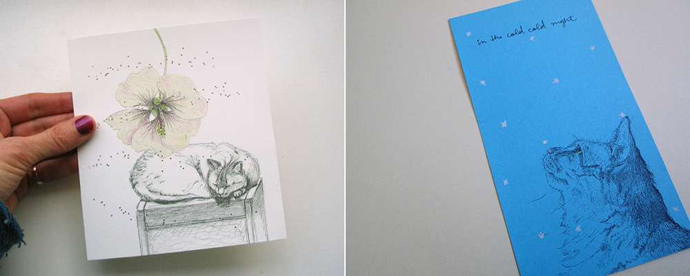 Pinky sleeping on a heater with a large flower floating above him; another card shows Pinky looking up at snow falling and the text says, "in the cold cold night."