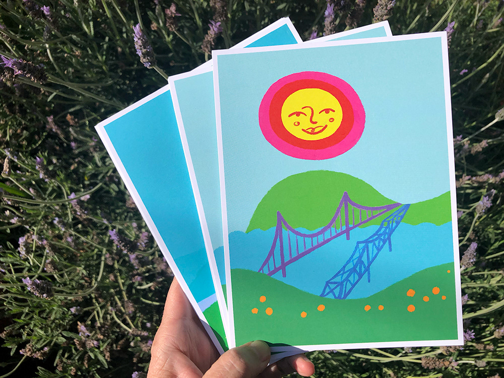 Illustration of the sun over Carquinez bridges and Carquinez Strait