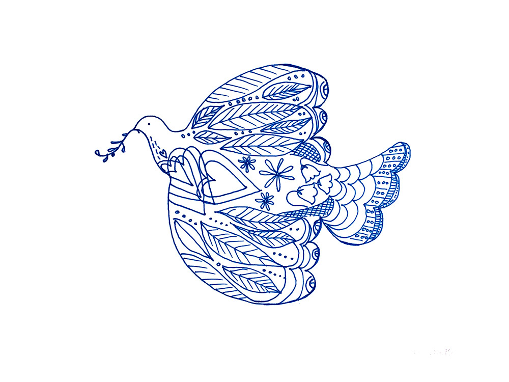 Illustrated dove line drawing. The dove is made up of shapes like leaves, hearts flowers, dots and waves