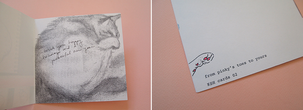 Inside of a card, another PL drawing; back of card with a paw in the corner and the text "from pinky's toes to yours."