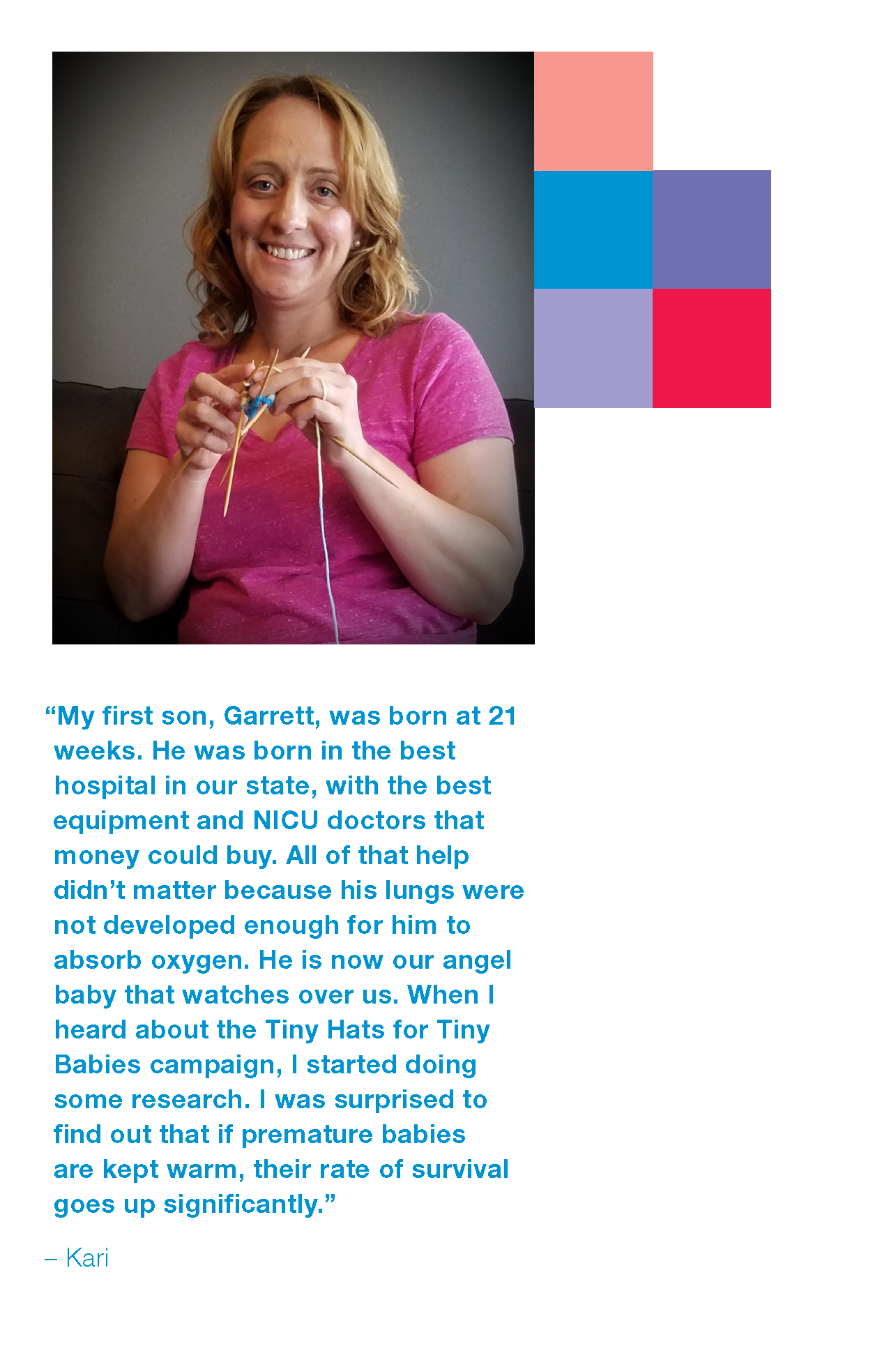 Small packet with stories of inspiration from knitters and crocheters, talking about why they are participating in the campaign.