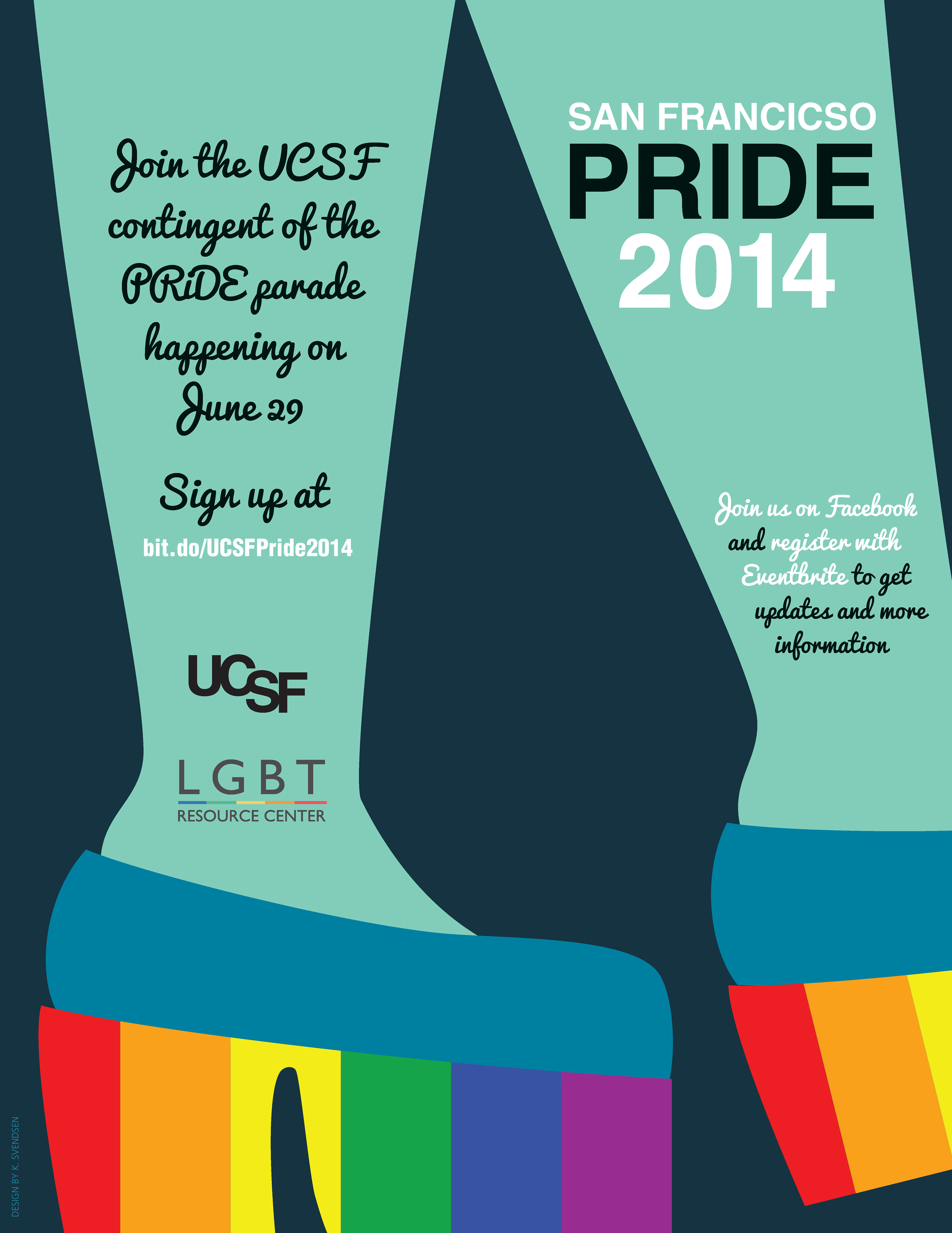 Illustrated poster for Pride contingent. Mint colored legs in platform rainbow shoes, walking. The event information is on the legs, like a tattoo.