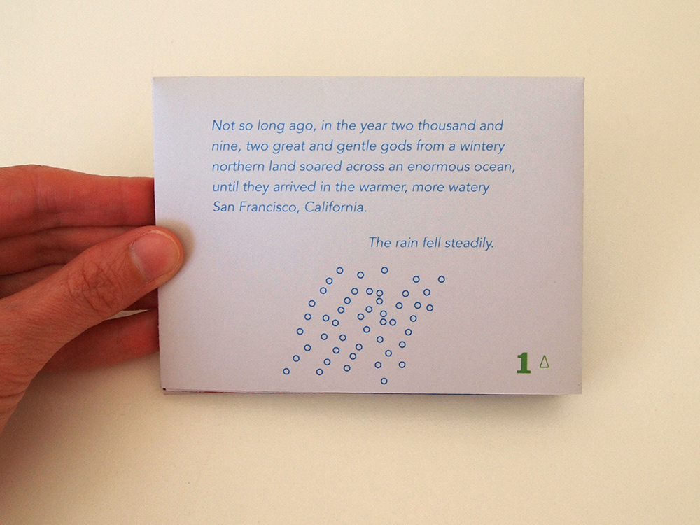 The start of exquisite corpse, with the text: Not so long ago, in the year two thousand and nine, two great and gentle gods from a wintry northern land soared across an enormous ocean, until they arrived in the warmer, more watery San Francisco, California. The rain fell steadily.