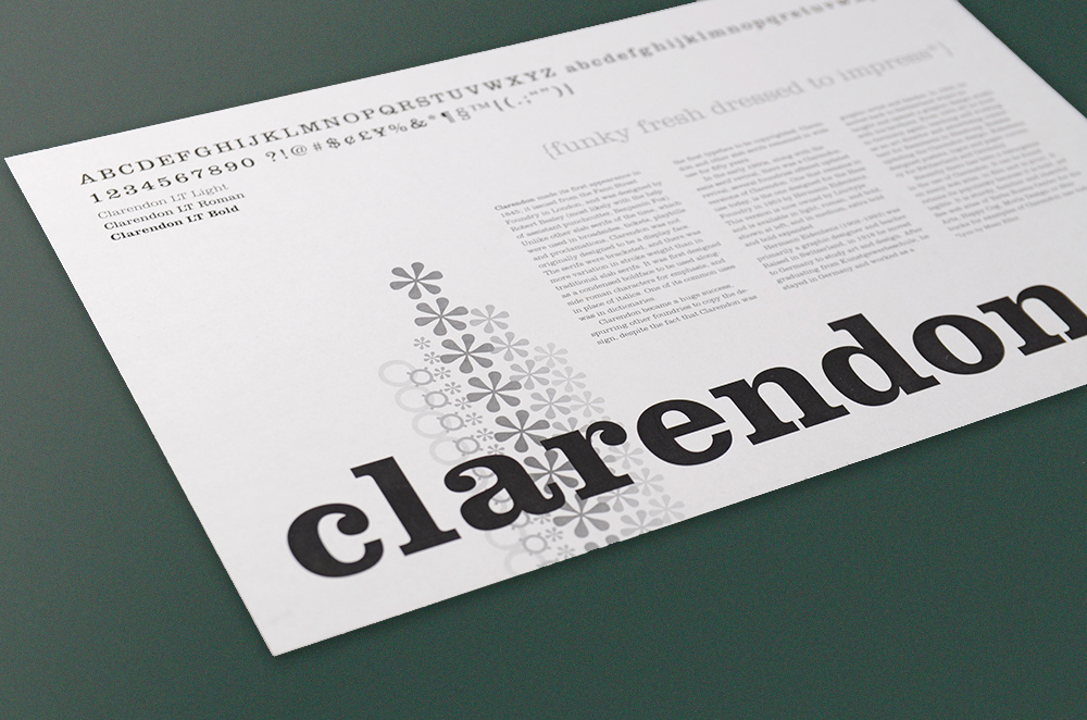 Photo of Clarendon type specimen sheet with a description of the type and "clarendon" in large type.