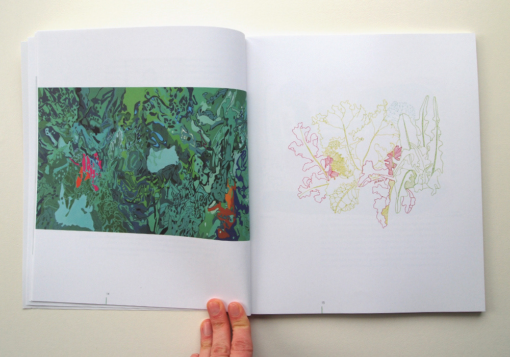 On left an abstract squiggly painting of greens and a little pink; on right, a line drawing of lettuces also in greens and pink