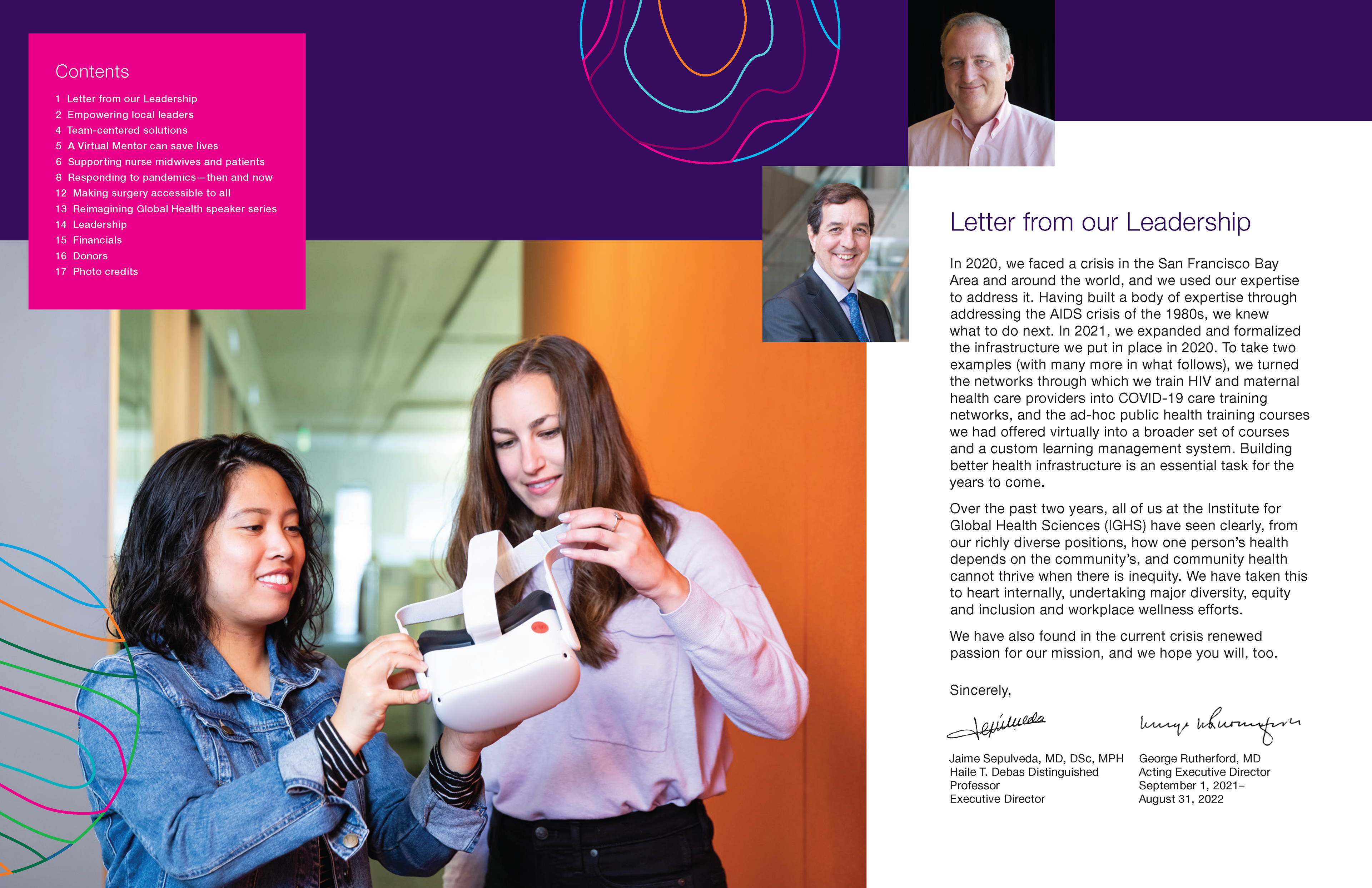 Spread with Contents and Letter from Leadership. The main photo shows two people holding a virtual reality headset. The two executive directors are also pictured.