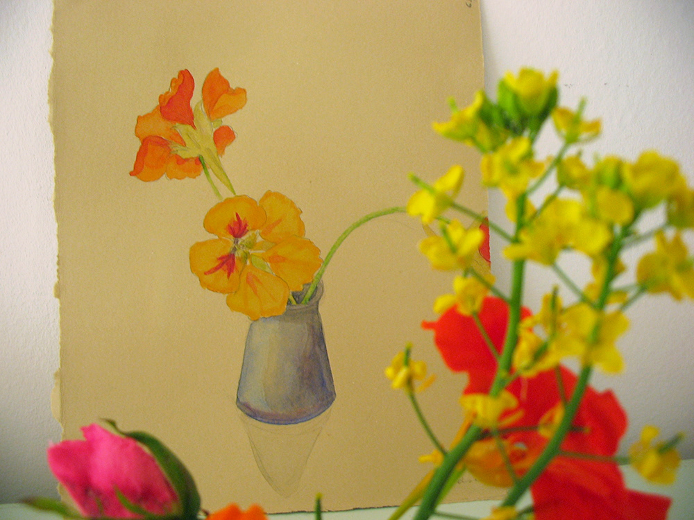 Watercolor of nasturtiums in a small vase