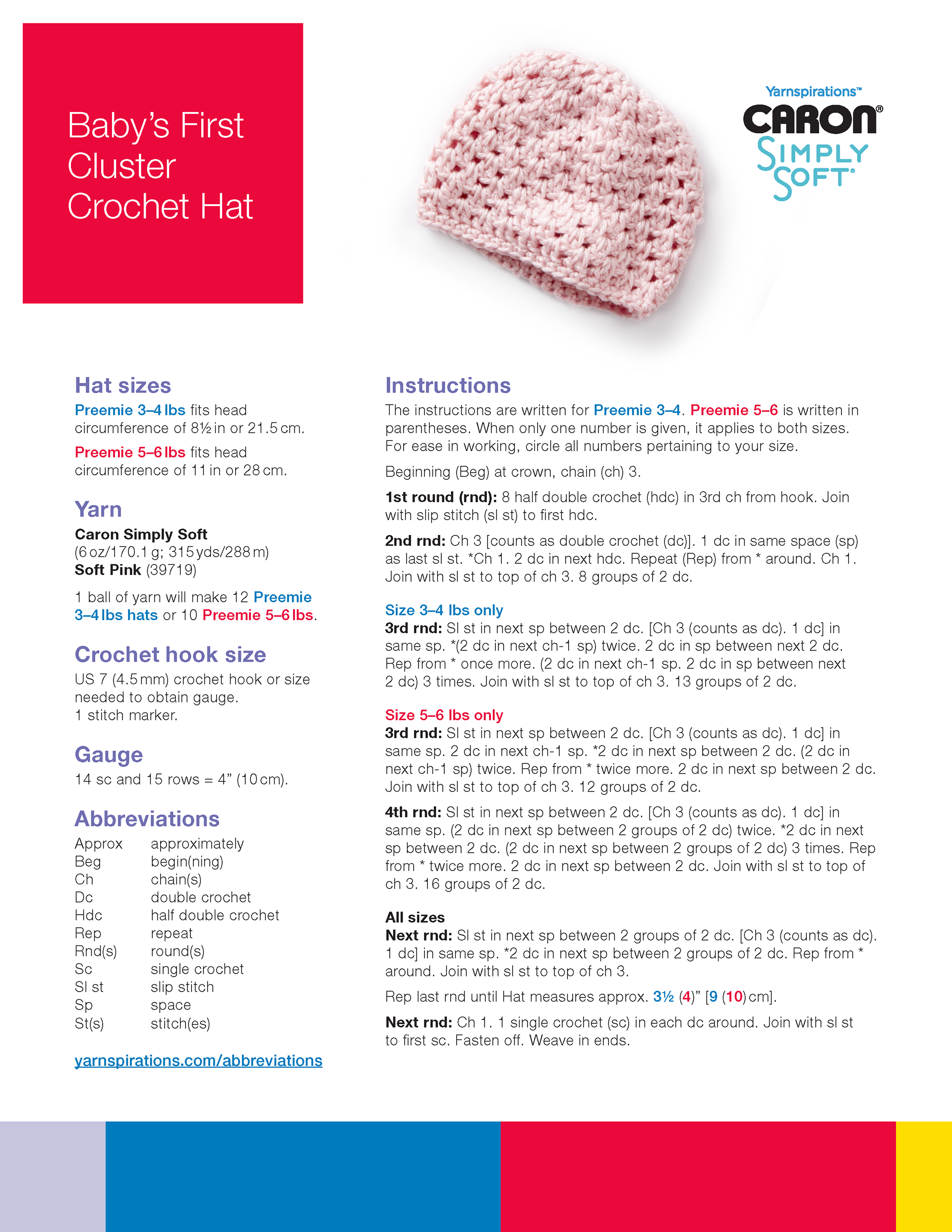 Packet page with crochet instructions for baby's first cluster crochet hat
