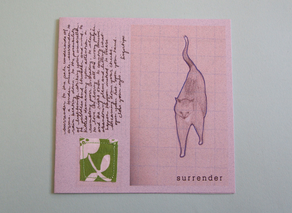 Drawing of Pinky Leon walking and the text "surrender," along with a handwritten poem and a piece of fabric sewn onto the card.
