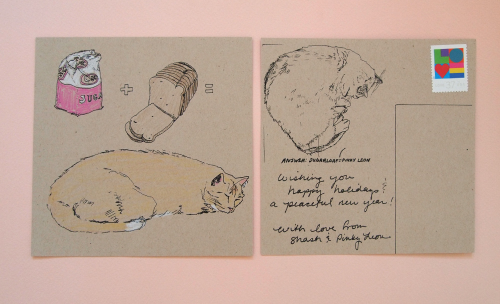 Drawing of a pack of sugar, a plus sign, a loaf of bread, and equals sign and then Pinky Leon (sugar loaf). Back side has another drwaing of Pinky