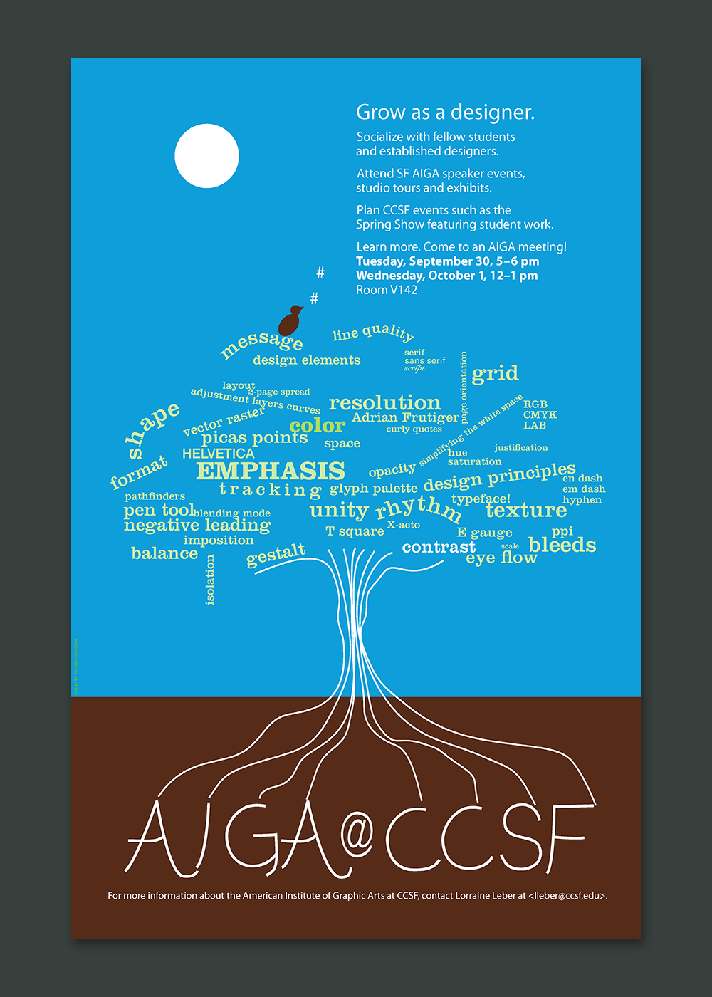 AIGA chapter poster with details for AIGA meetings and an illustration of a tree made up of words related to graphic design. The roots form the text "AIGA at CCSF."