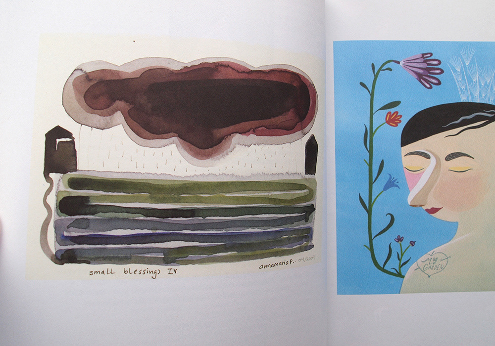 Painting of a cloud raining on fields on left; On right an illustration of a person with closed eyes in a garden. they have a tattoo that says "my garden."