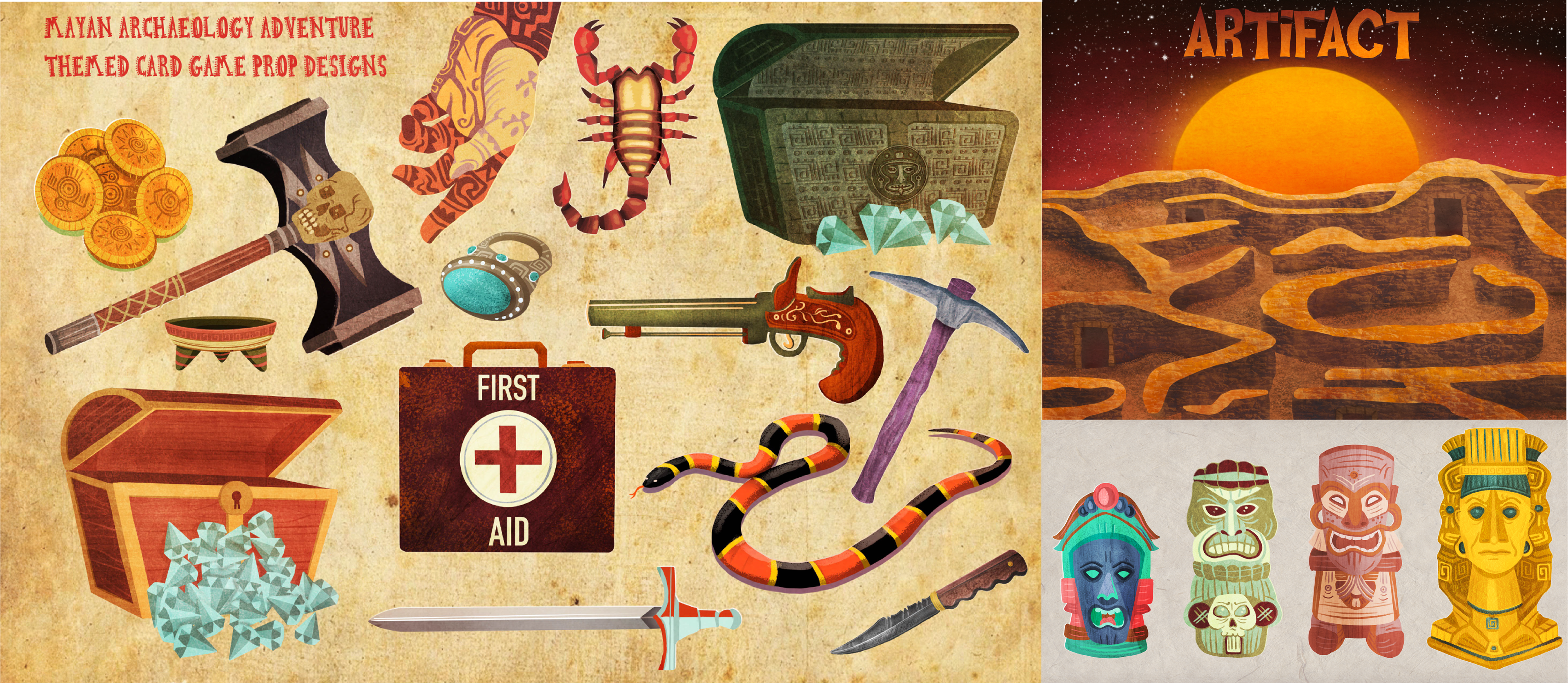 Assets for a client's Mayan adventure-themed board game, including a box design, props, and totems in the order the player can win them