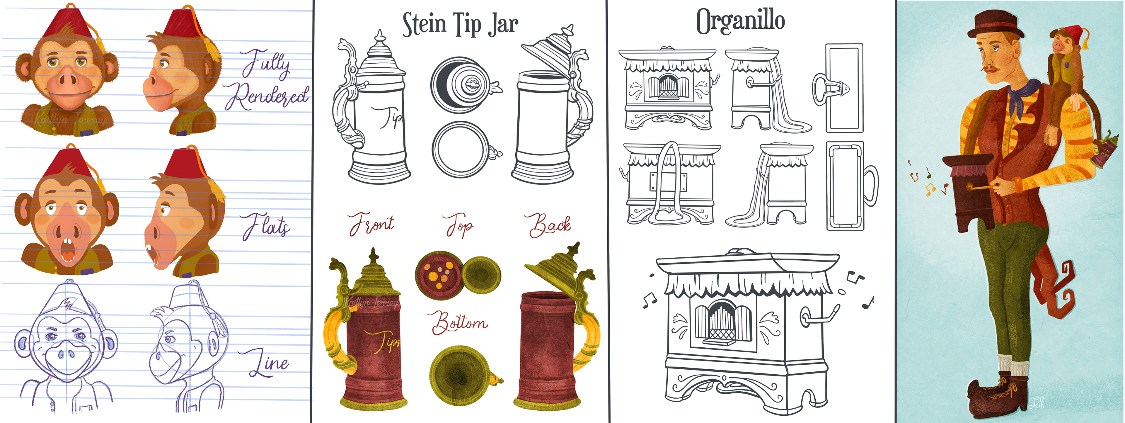 Original character expression sheet, stein tip jar and organillo prop designs, and final concept