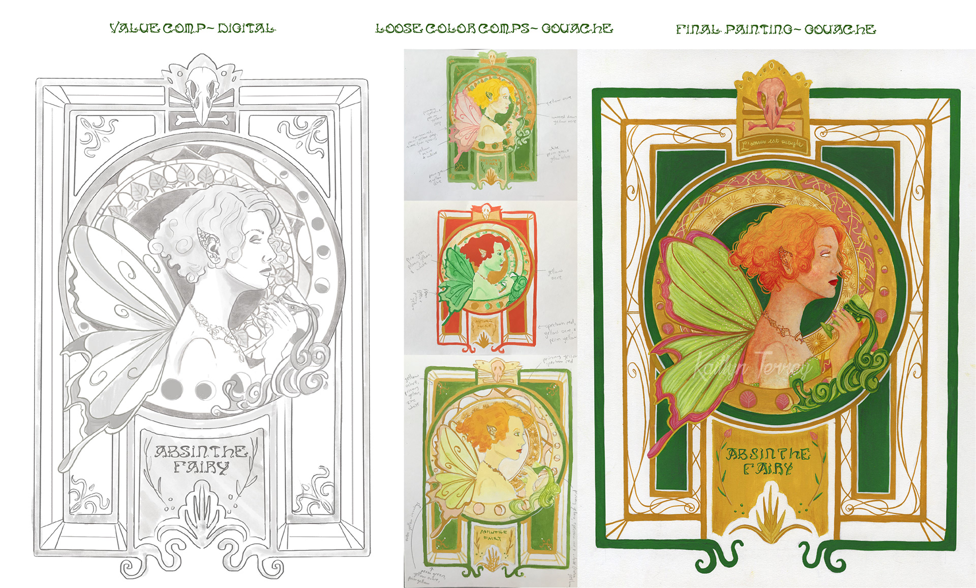 "Absinthe Fairy" gouache painting process
