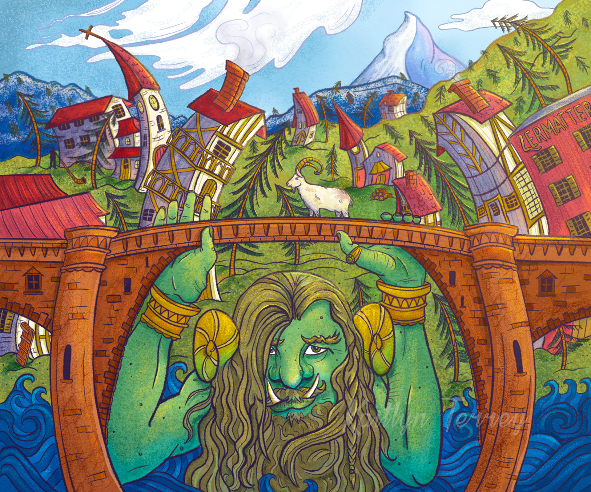 A Billy Goats Gruff-inspired landscape illustration, set in the Swiss Alps