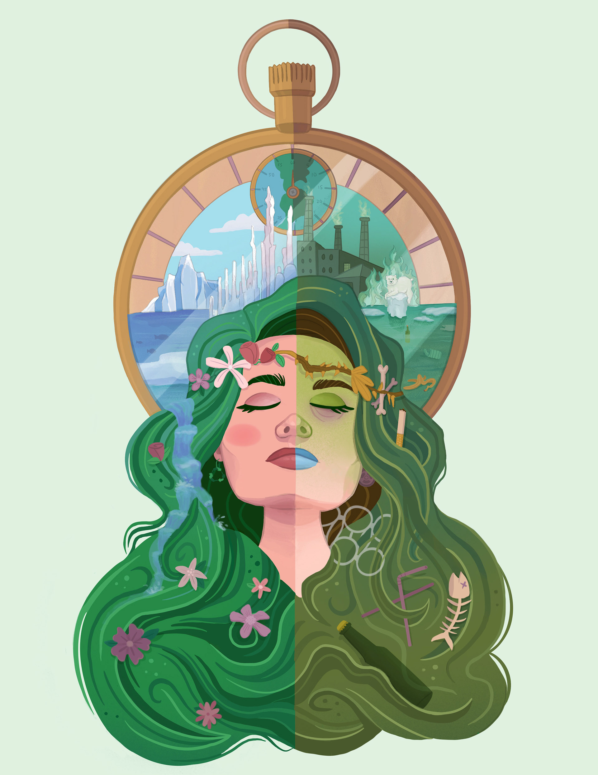 A conceptual Illustration on the topic of climate change, featuring a half-well, half sick Mother Earth