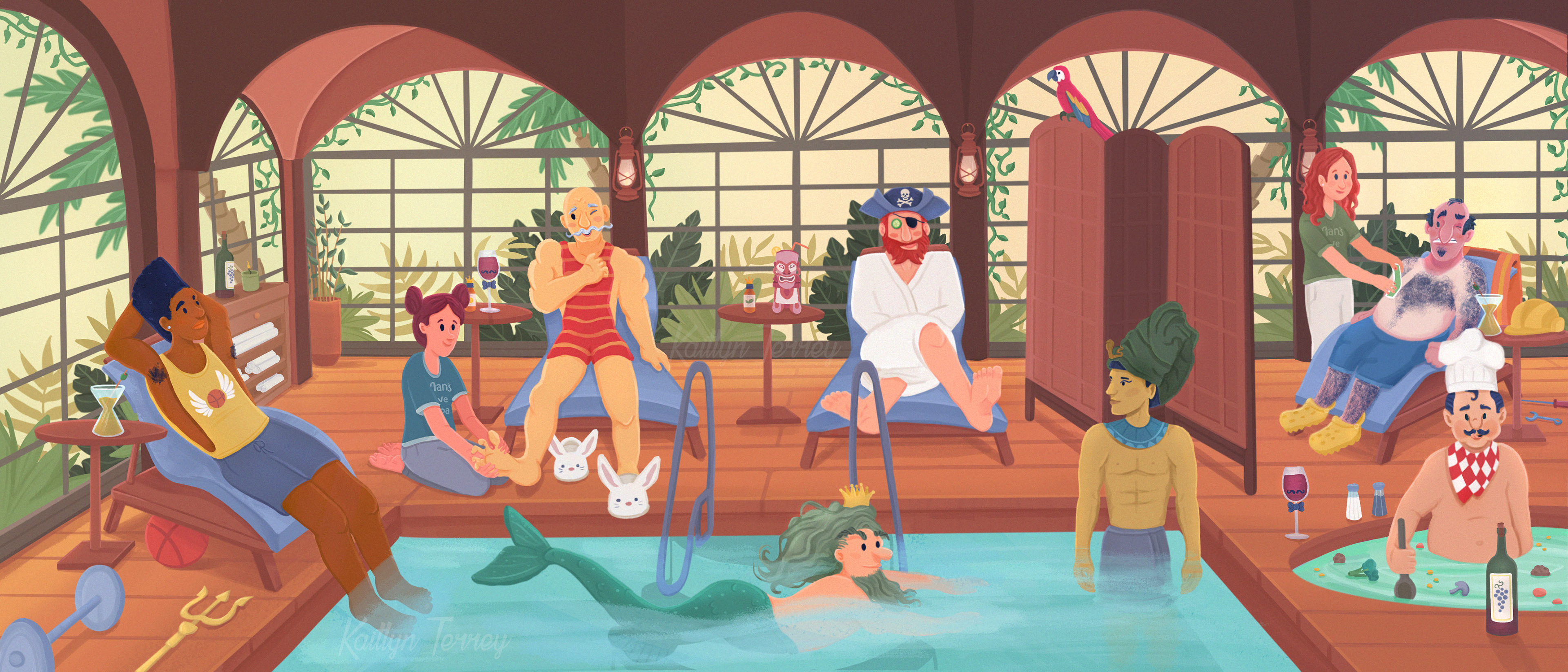 An advertisement illustration for Man Cave Spa, featuring characters from vastly different backgrounds