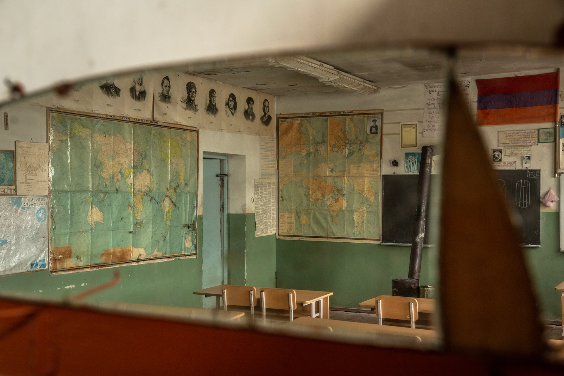 View of a classroom at Zovasar school from a broken mirror. Armenia