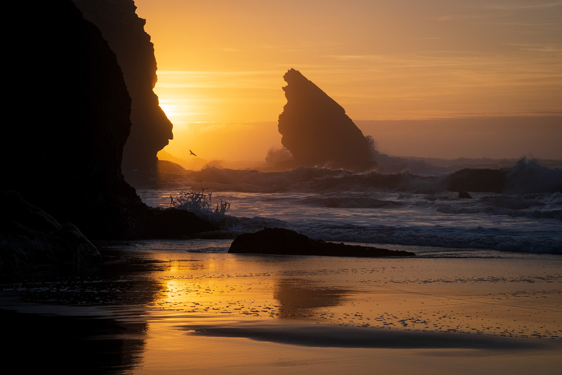 Sintra Cascais Natural Park, Portugal - 29 December 2021 : Sunset at Adraga Beach
