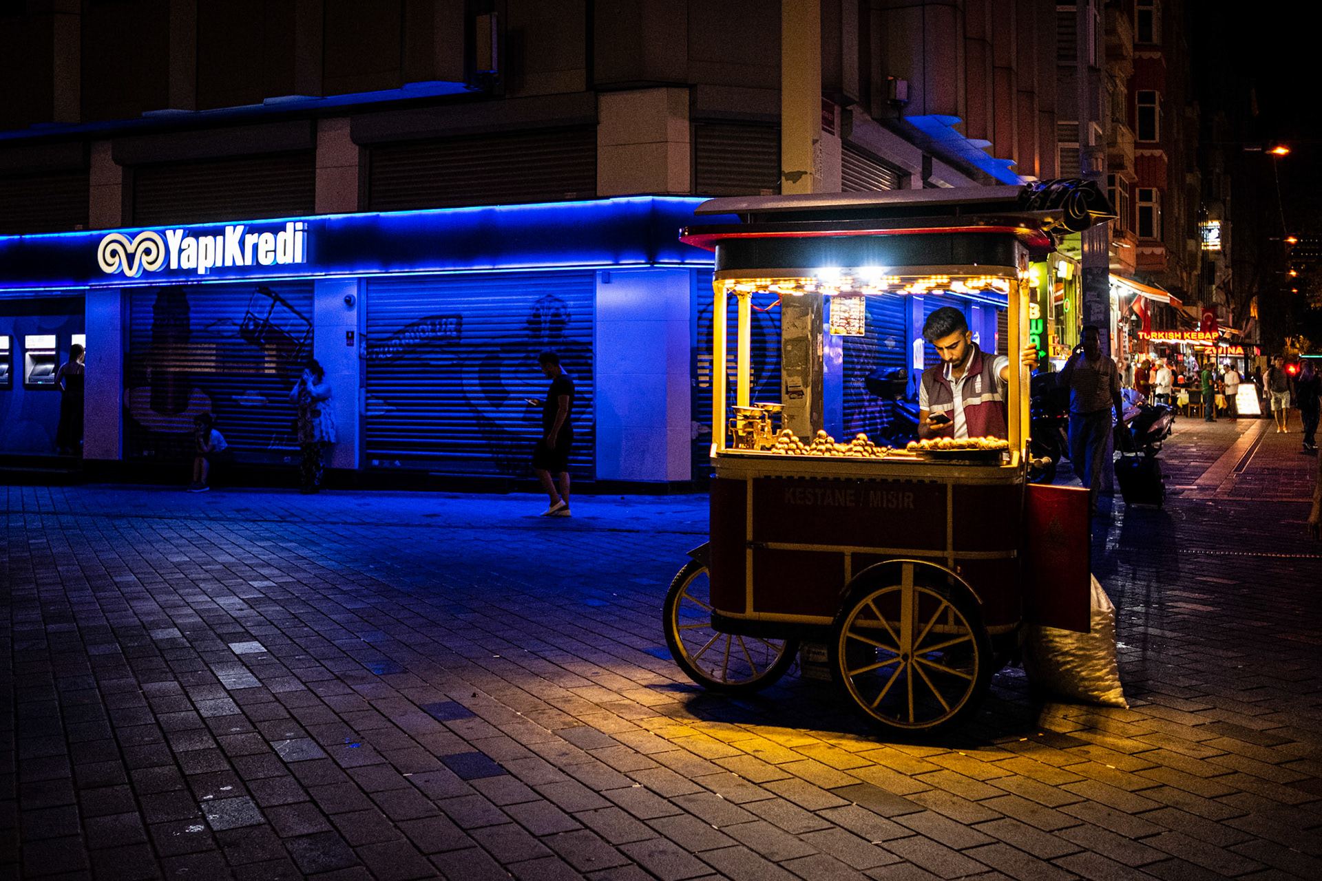Istanbul, Turkey - 02 September 2019 : Chestnuts seller at Taksim Square