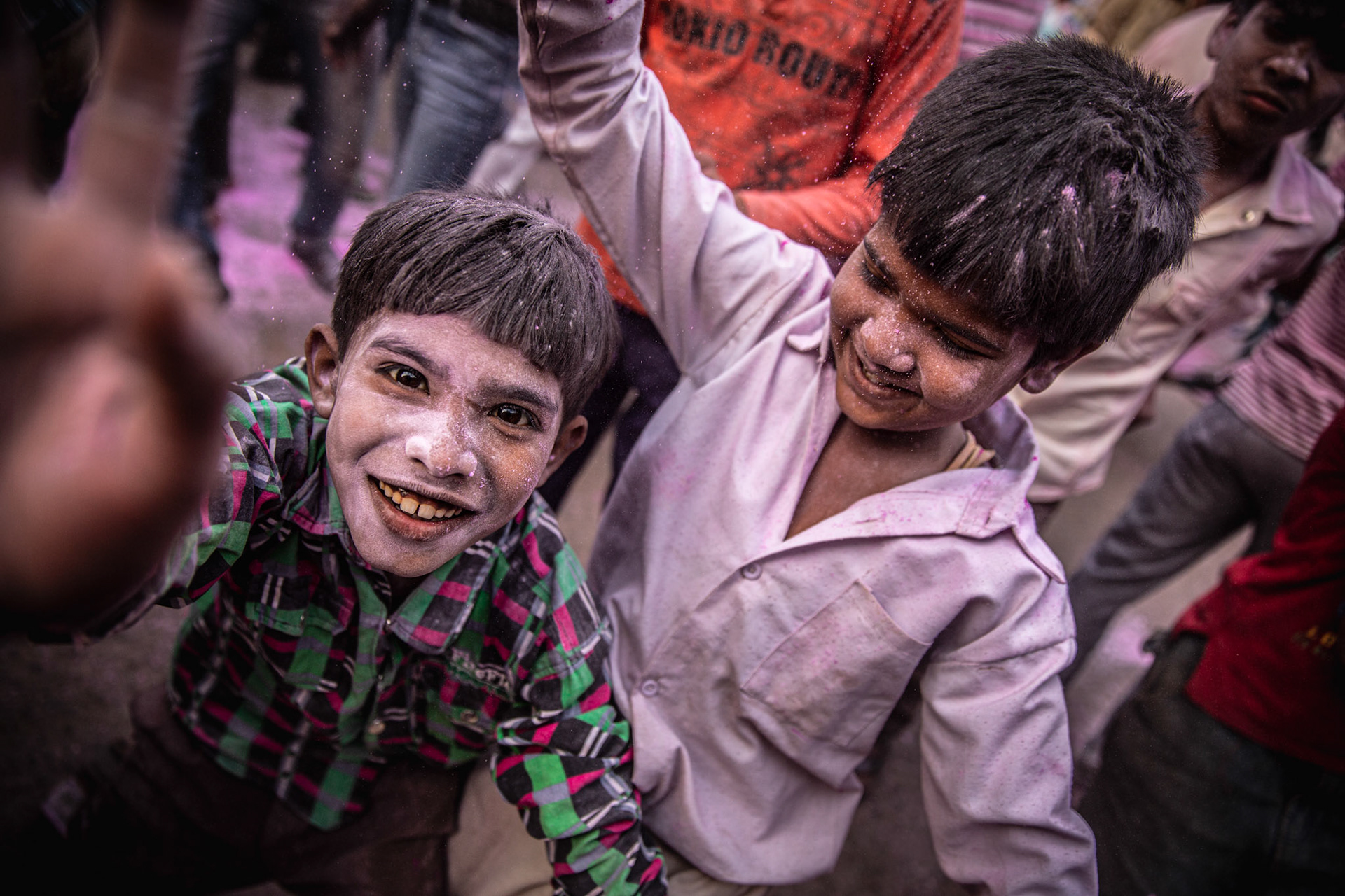 Kids having fun during Holi festival in Mathura. India
