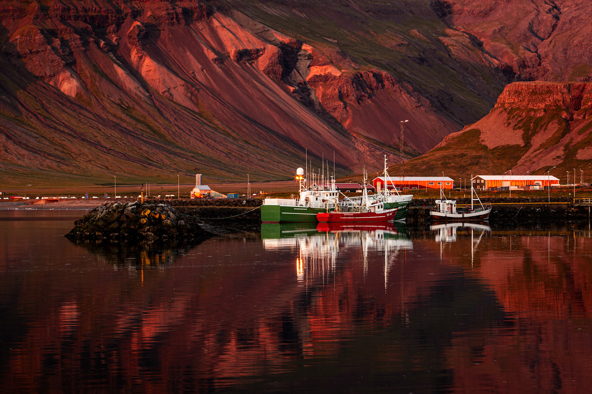 Grundarfjordur harbour at sunset. Iceland