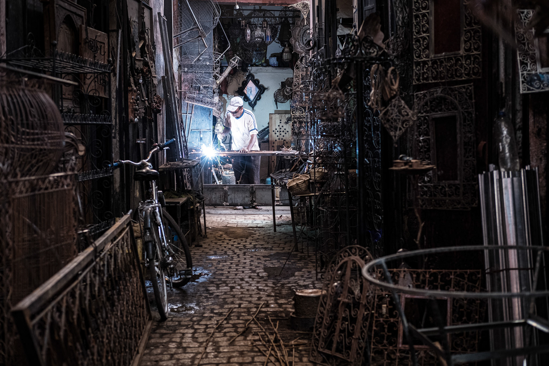 Marrakech, Morocco - 28 September 2017: Ironsmith working in the medina of Marrakech