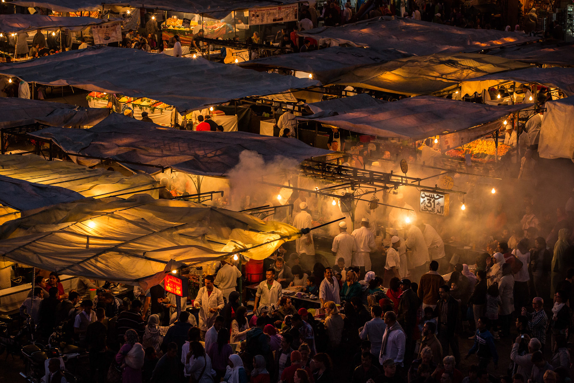Food stands in Djemaa El-Fna. Marrakesh, Morocco