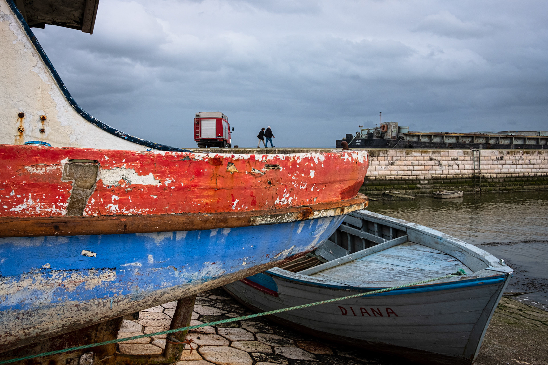 Lisbon, Portugal - 29 February 2020 : Abandoned boat at Doca do Poço do Bispo