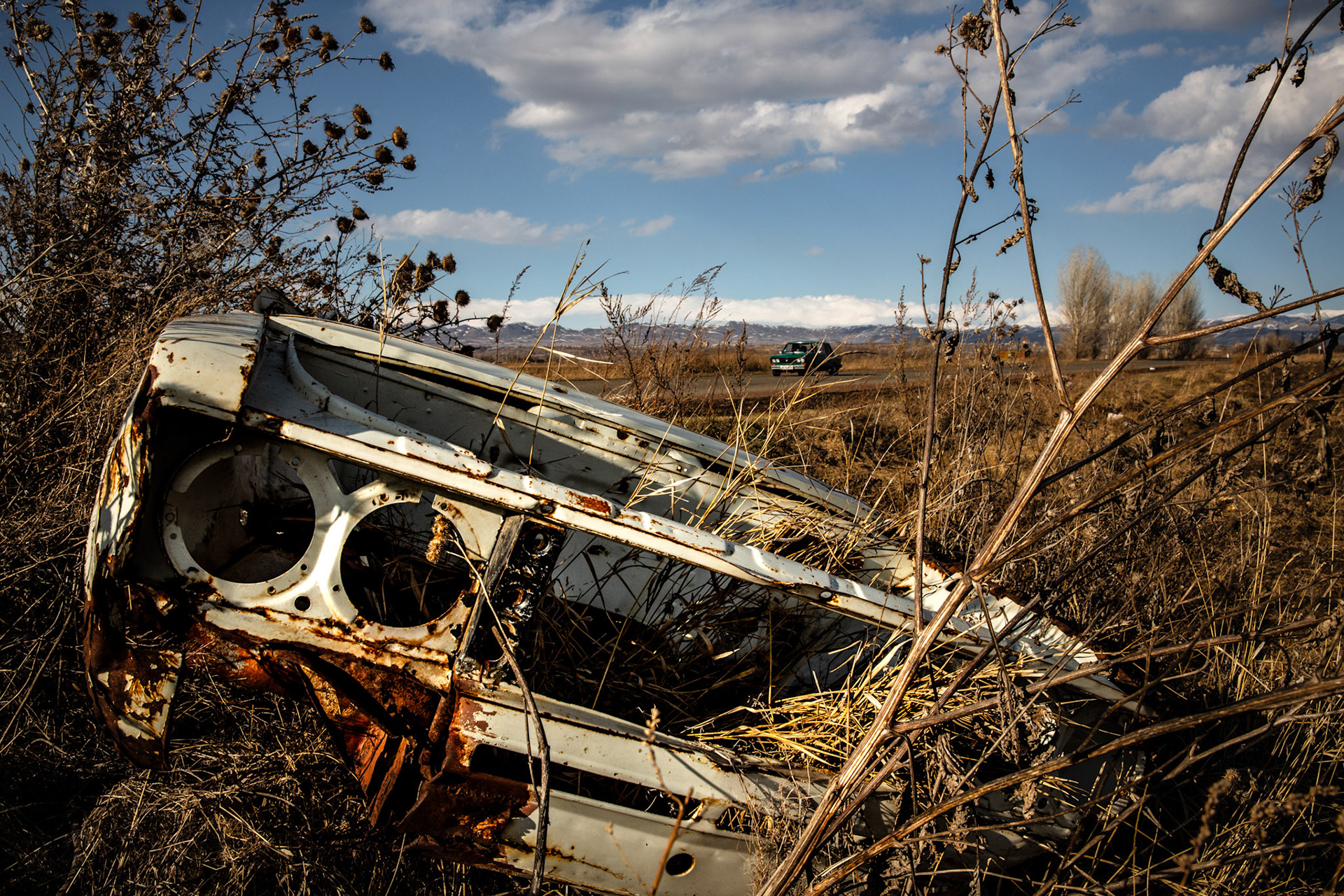 Abandoned Lada chassis in a field of Gyumri. Armenia
