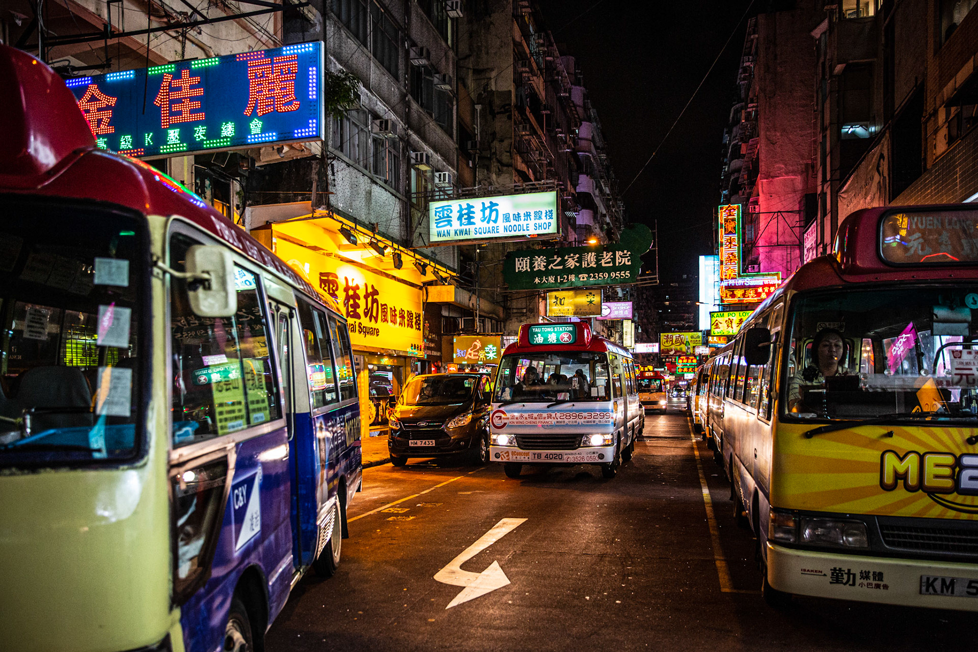 Public light buses at night. Hong Kong