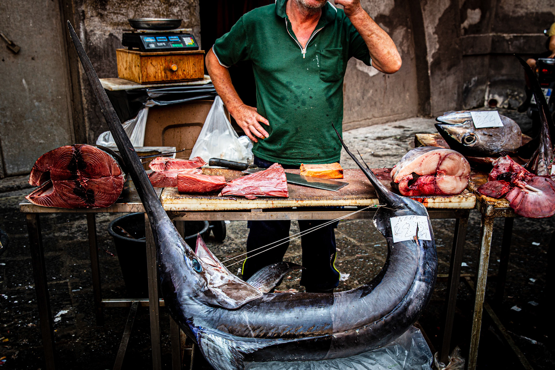 Whole swordfish at La Pescheria. Catania, Sicily, Italy