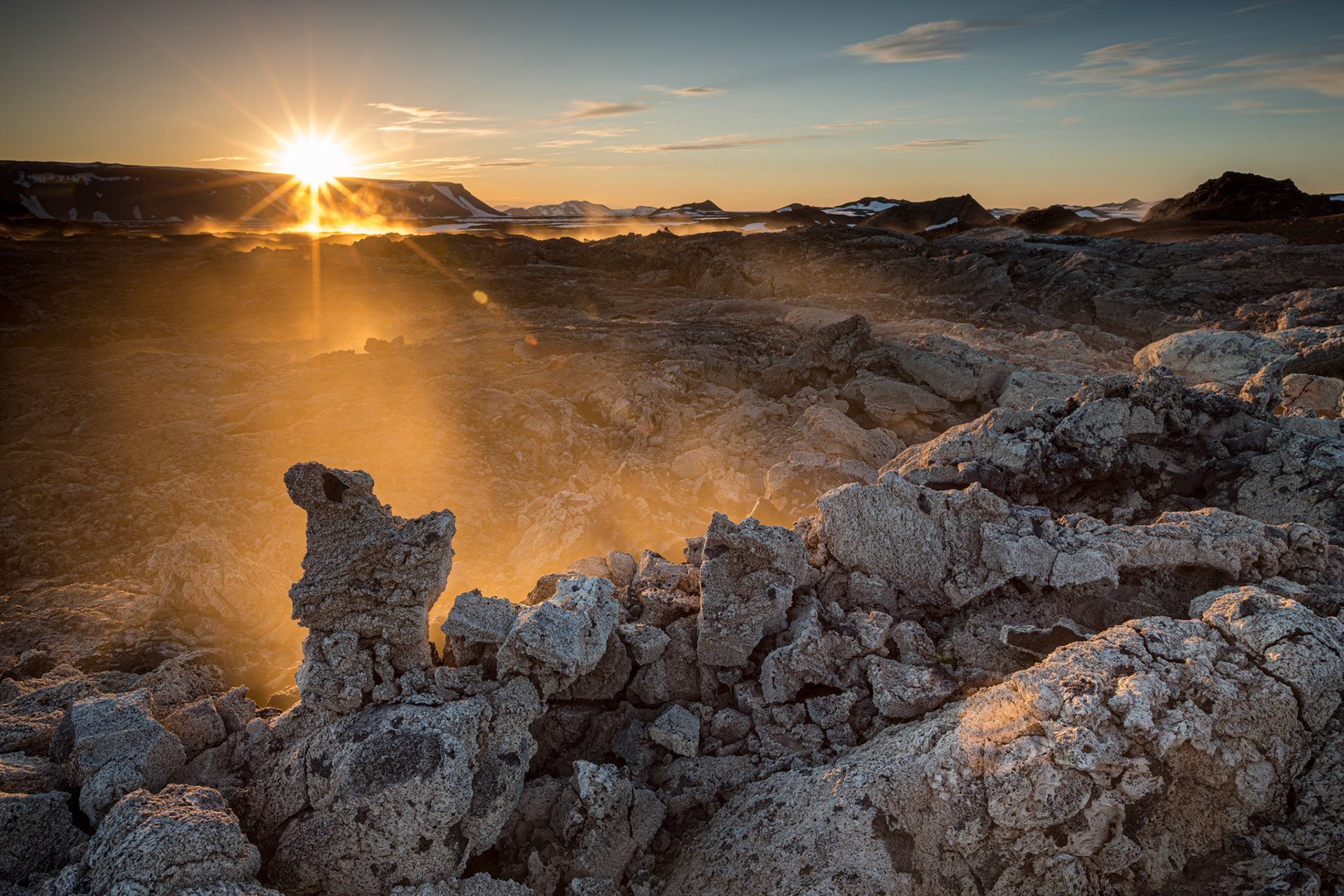 Krafla fumaroles at sunset. Iceland