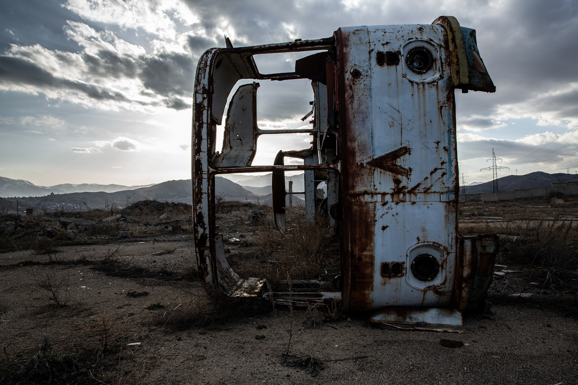 Abandoned bus in a field. Shirak, Armenia