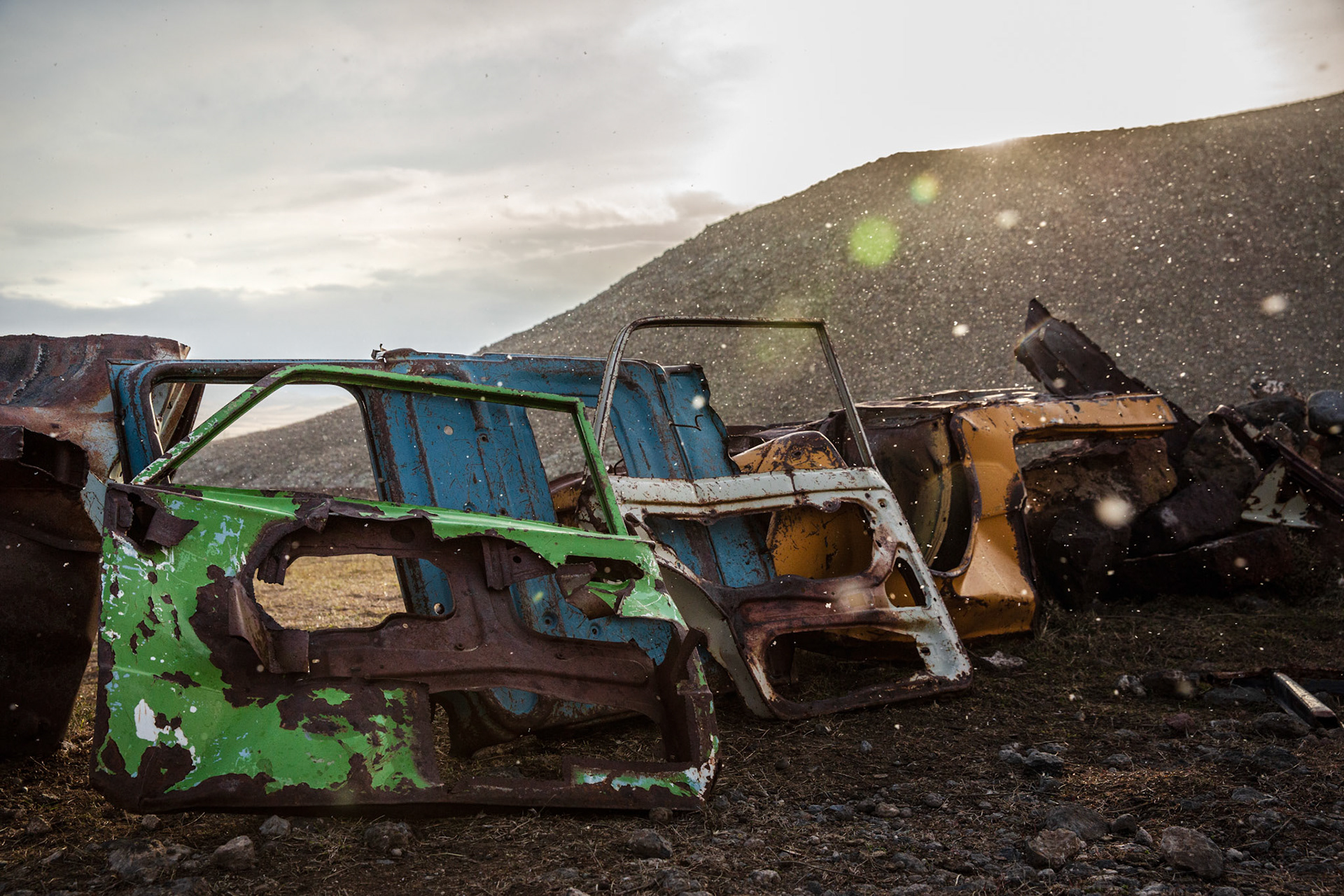 Old soviet car doors installation on a hill near Mastara. Armenia