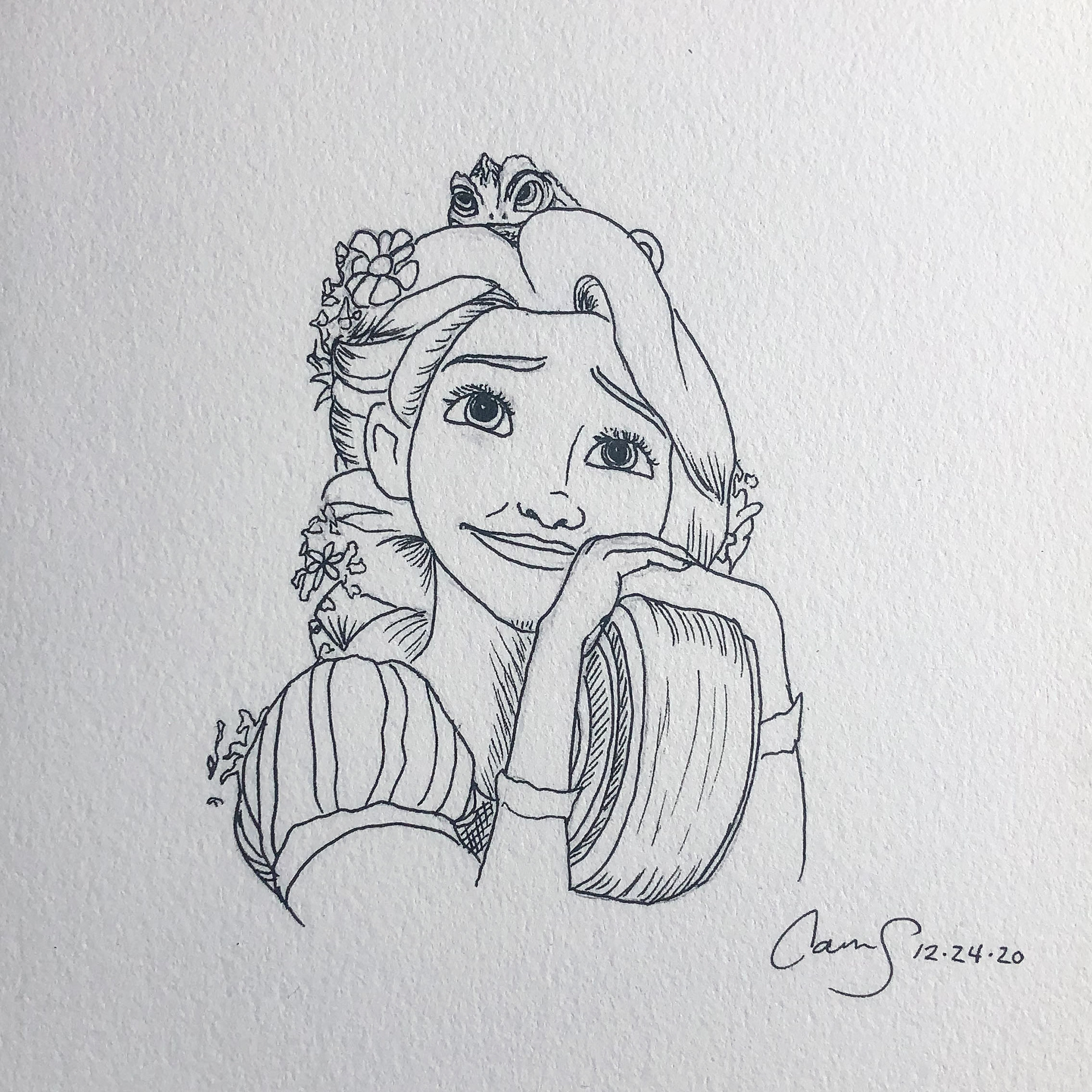 Tangled "Rapunzel", 3 in x 3.5 in, Micron on Paper, 2020