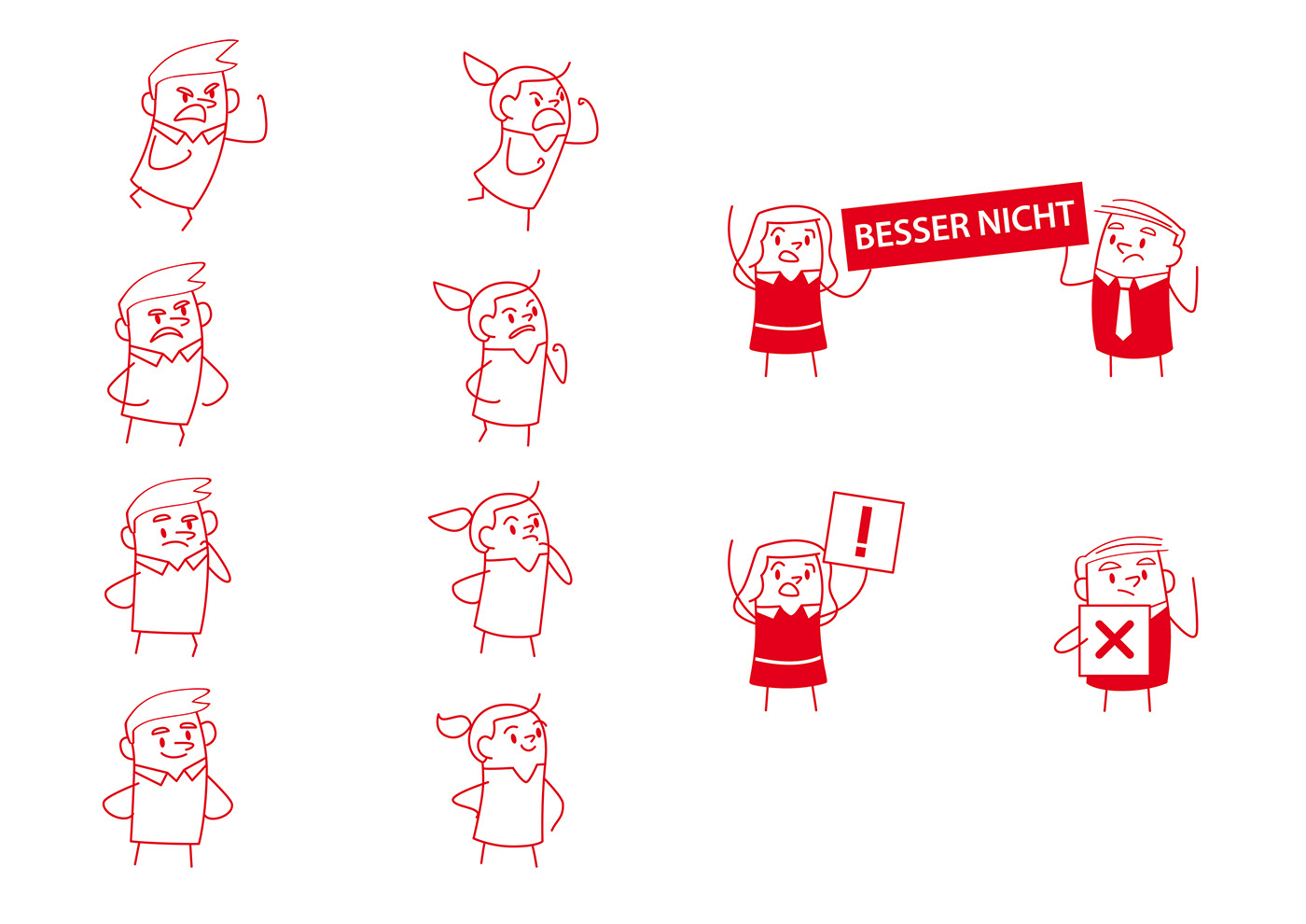member character's moods from angry to happy (left) - employees signaling 'do not!'