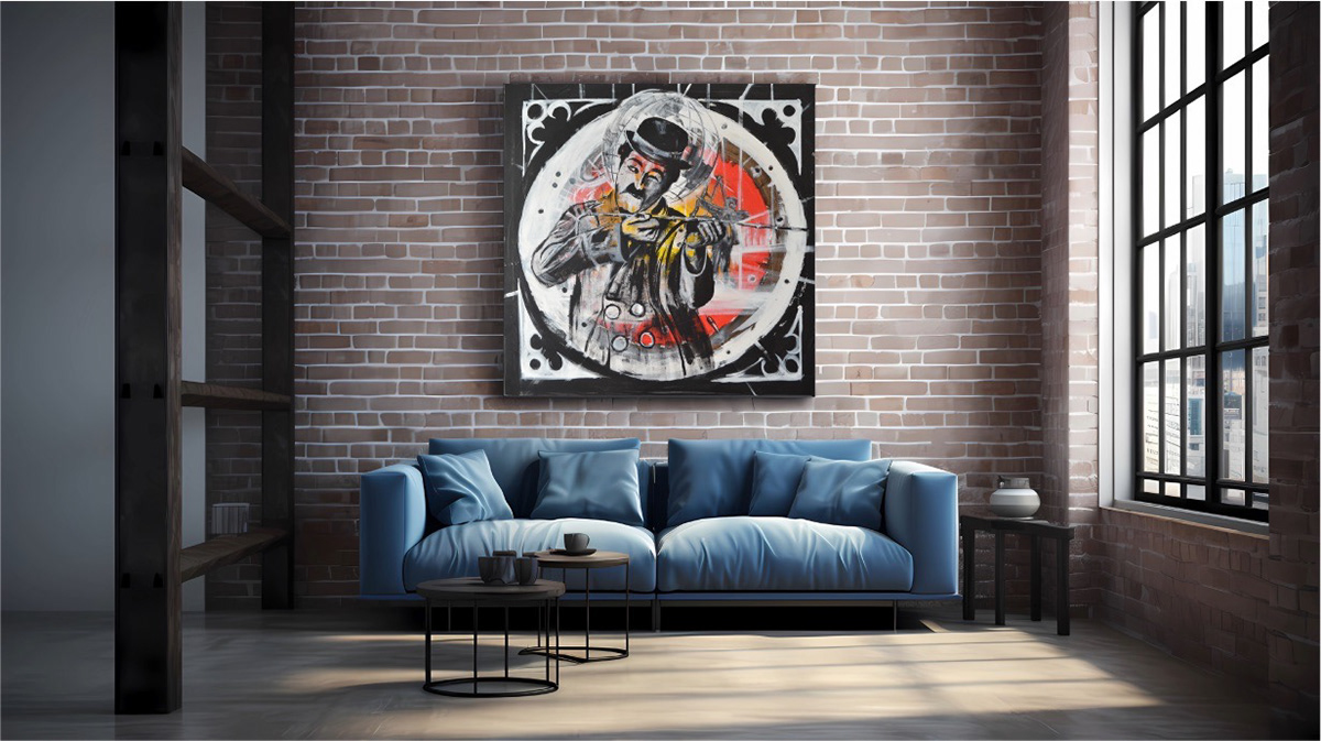 Chaplin traverse le temps - Peinture acrylique sur châssis entoilé- 1m20 x 1m20
