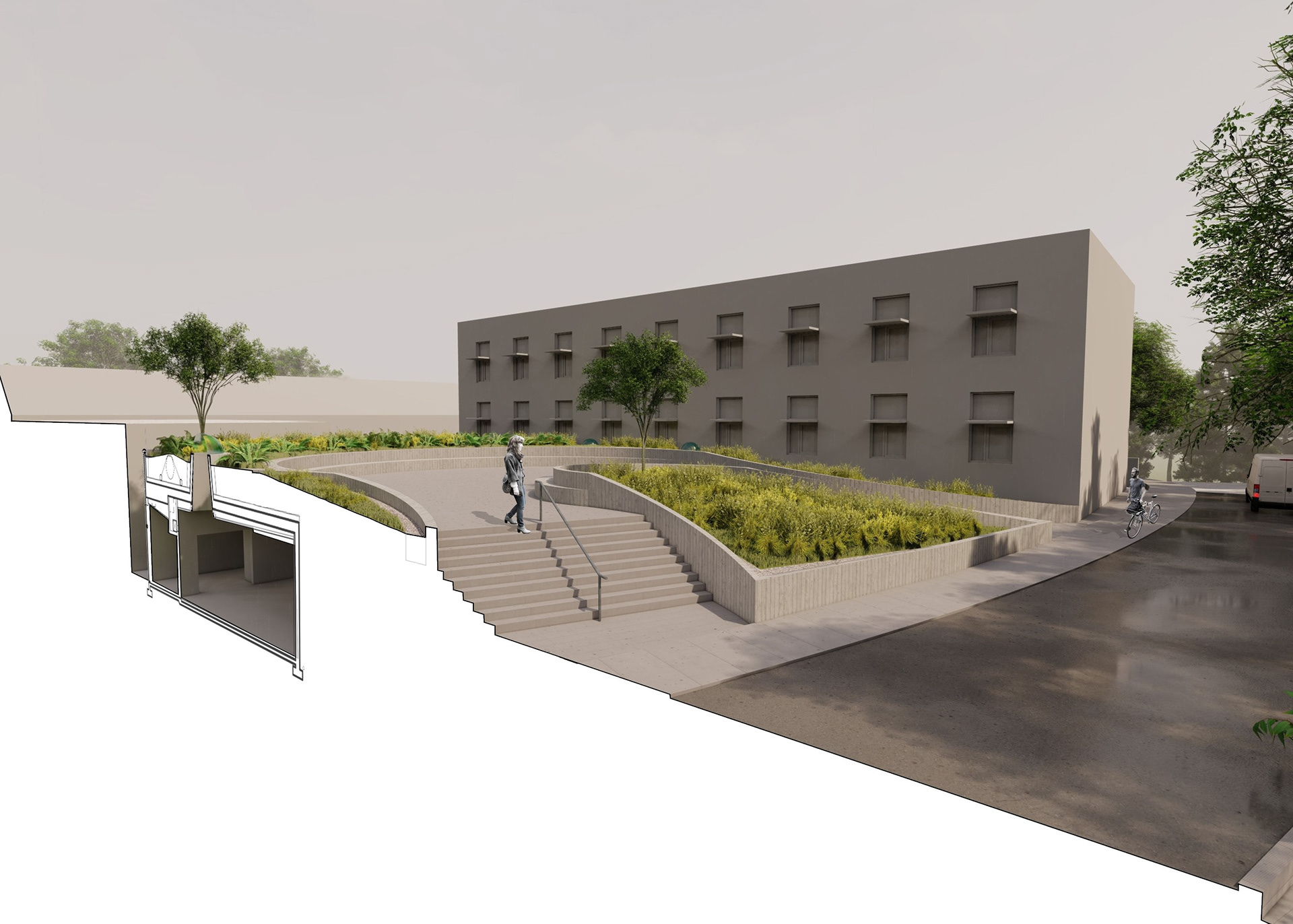 rendered section showing classroom and hallway below