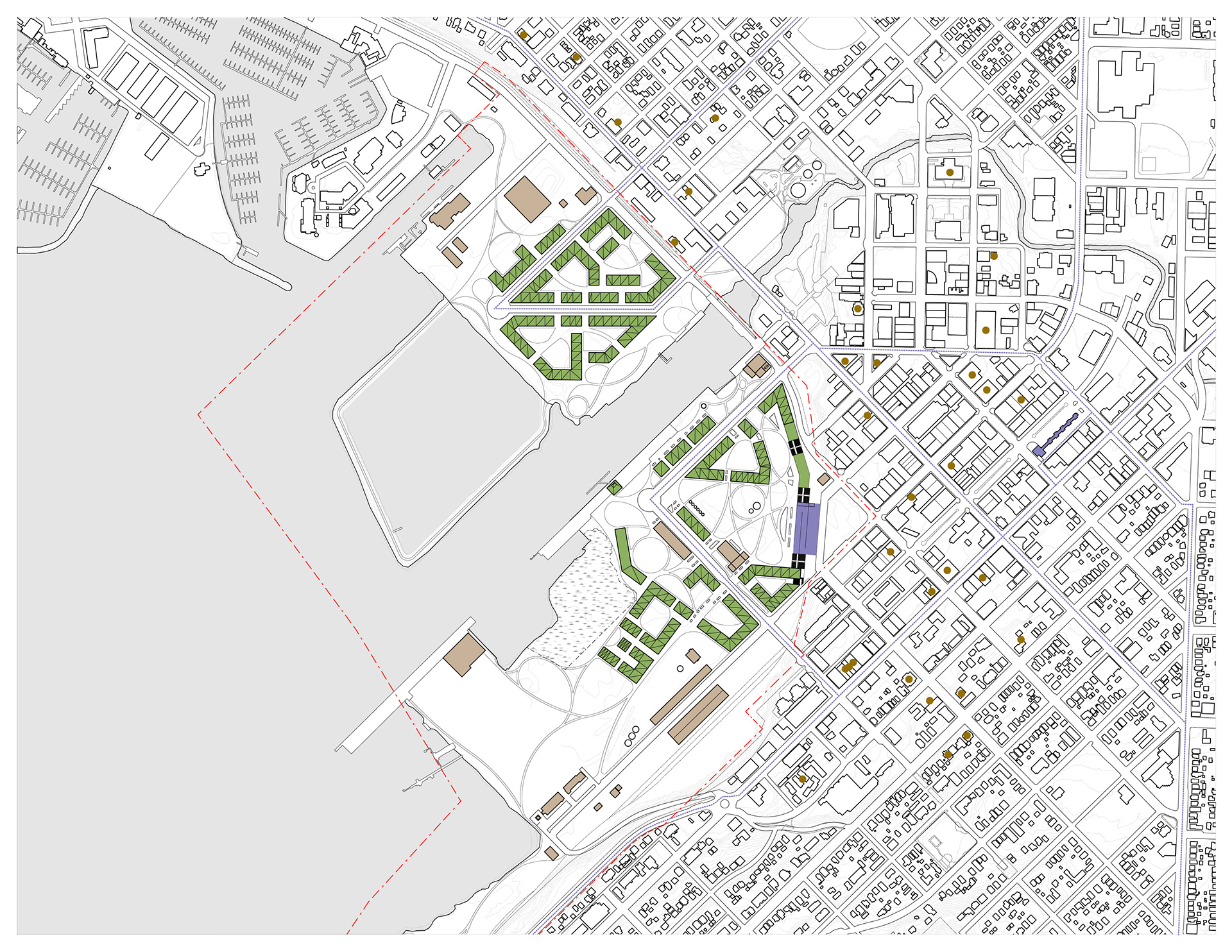 site plan: green fill denotes new construction, brown fill denotes existing structures, purple fill denotes the transit hub, brown dots denote historic sites