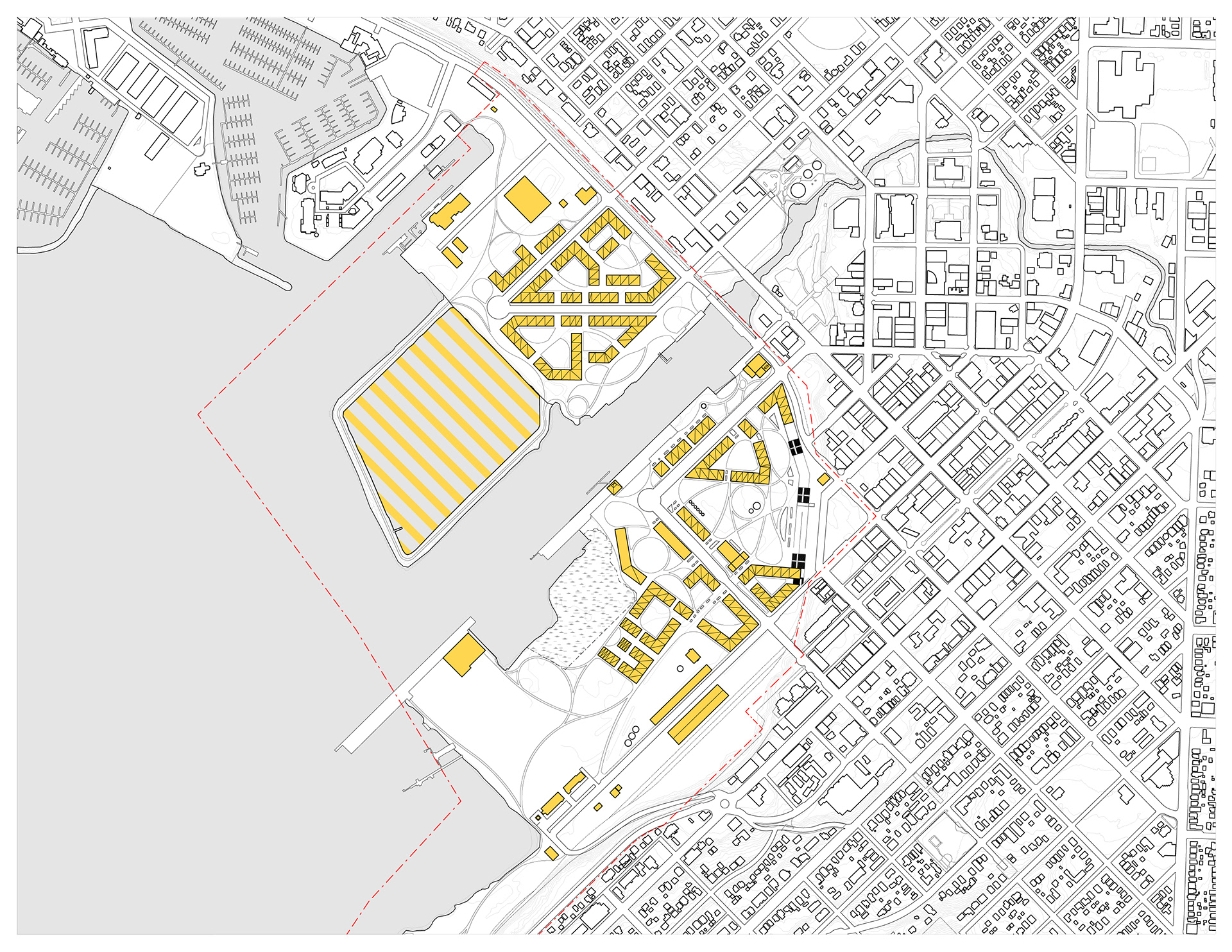 site plan: solid yellow fill denoting rooftop PV array surface area, patterned yellow fill denoting tidal energy lagoon area