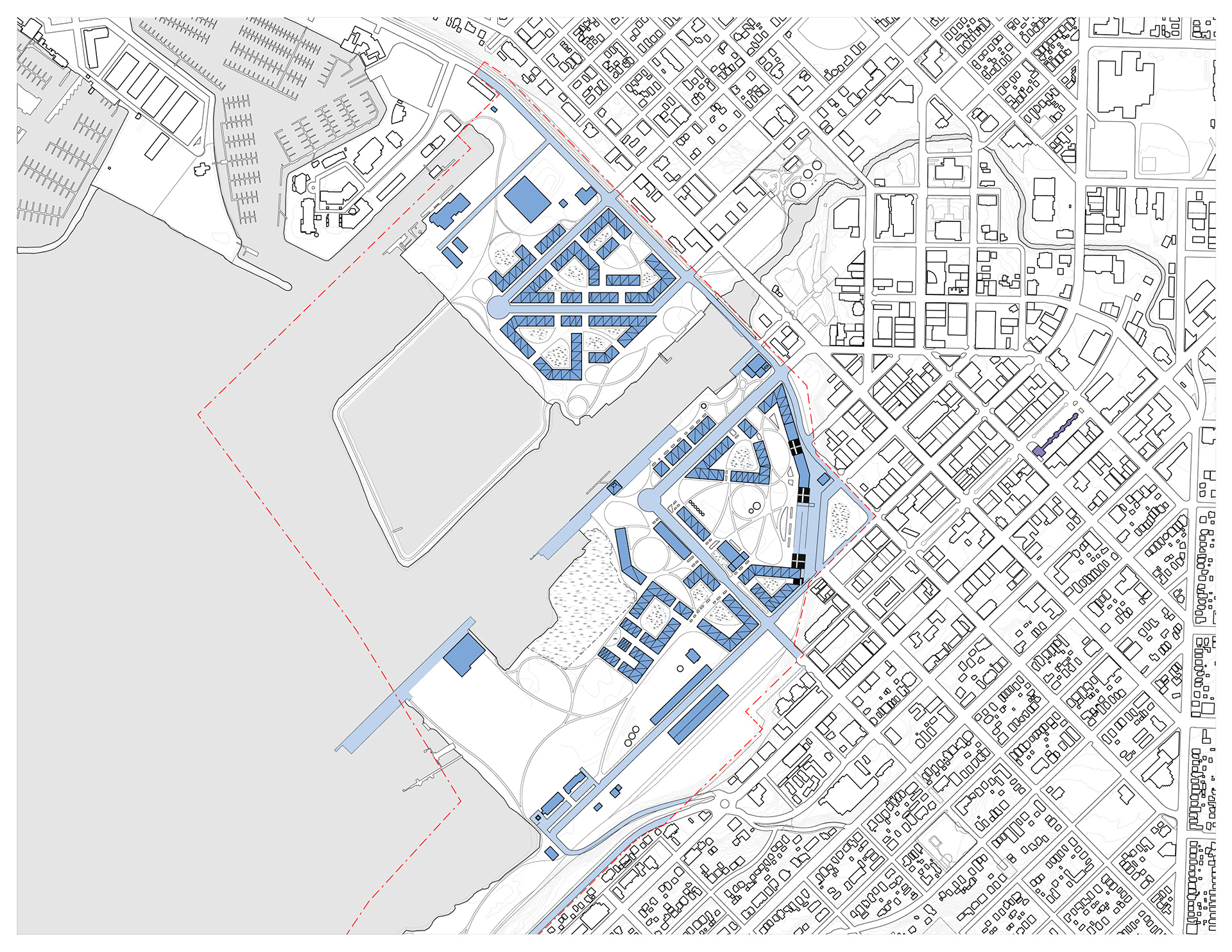 site plan: dark blue denoting rooftop water catchment surface area, light blue denoting impervious surface water catchment area, marsh hatch denoting living machine surface area