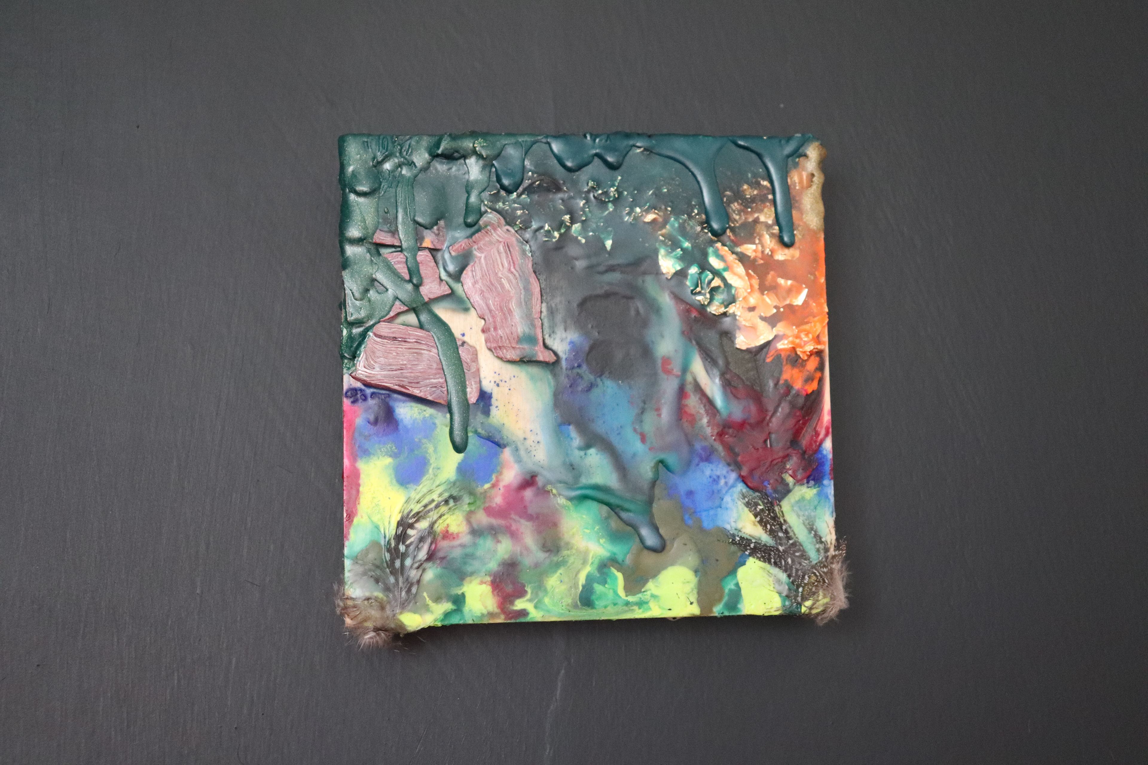 Melt (Encaustic Wax, Clay, Feathers, Gold) 