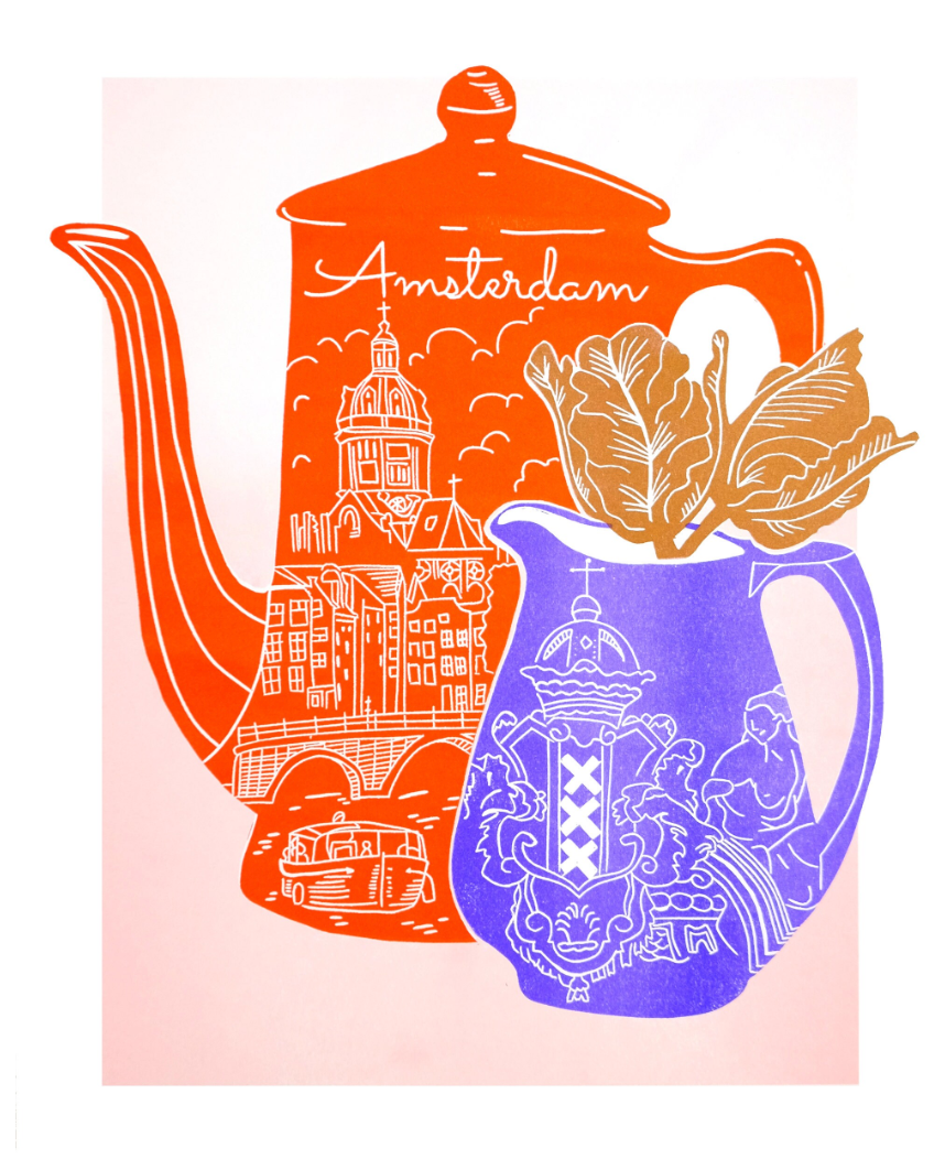"Amsterdam Vessels" Original Linocut Reproduced using Risograph Print