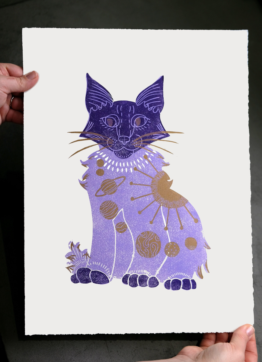 "Celestial Cat" Original Linocut Print