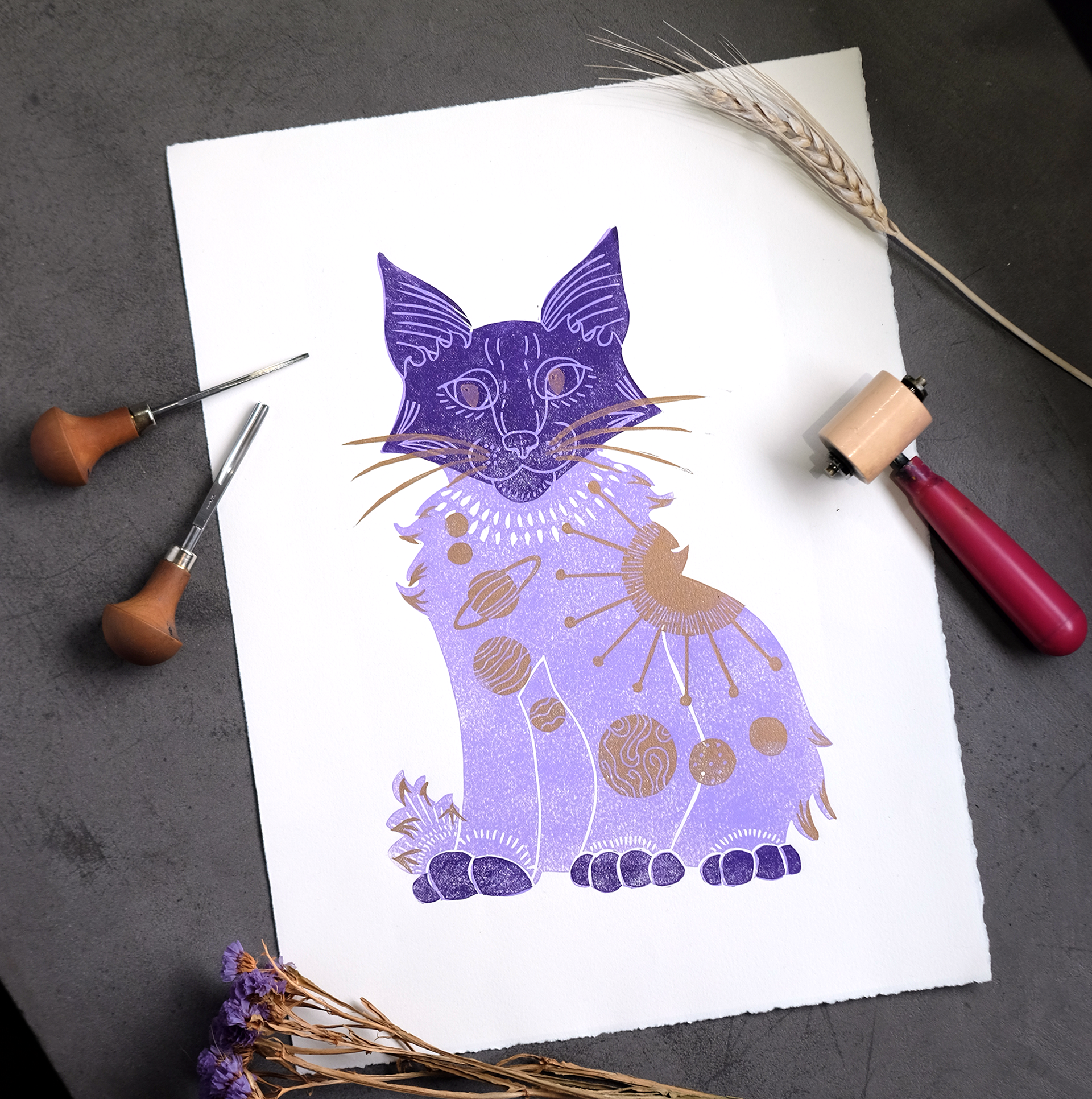 Celestial Cat | Handprinted Linocut
