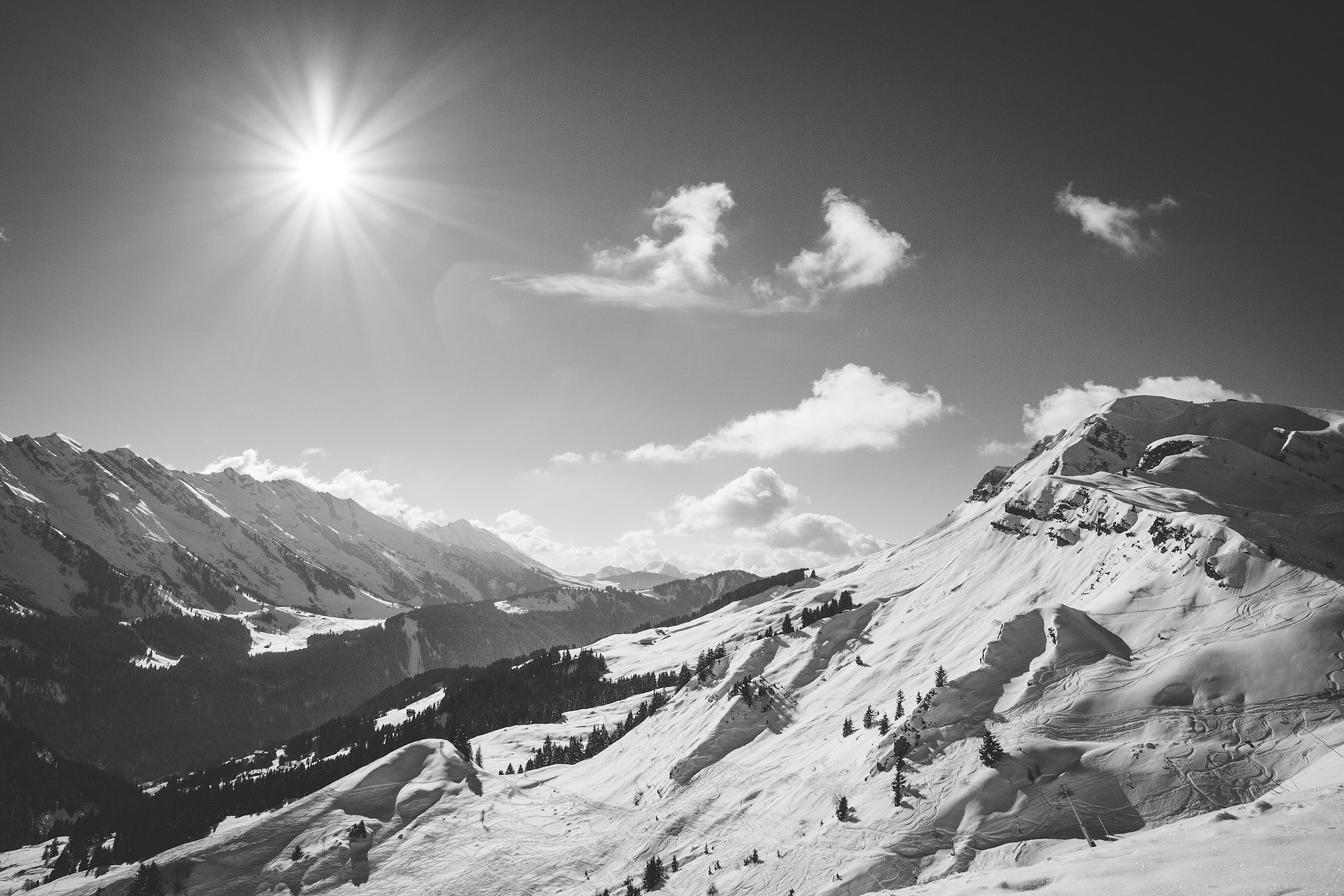 Sun beam on Aravis B&W