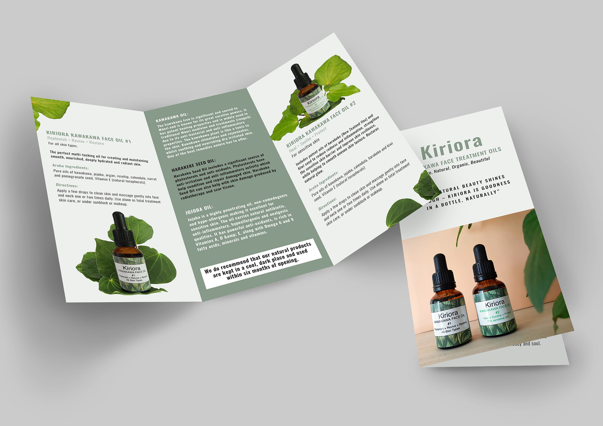 Tri-fold brochure design for Kiriora/Wendy Hill Cosmetics